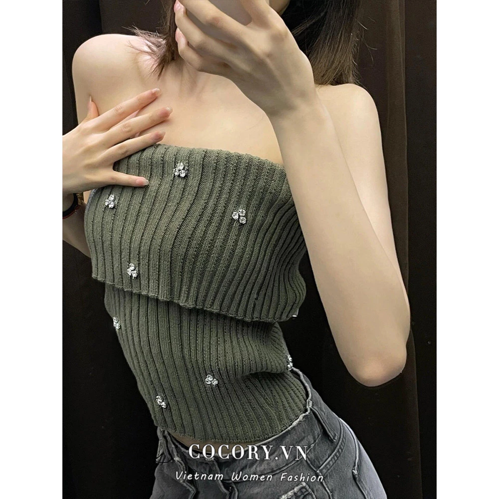 Cocorygirl Zara Gợi Cảm Slim Off Vai Đính Hạt Đan Top Quần Áo Nữ Phù Hợp Với Áo Vest