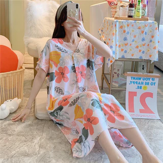 Váy ngủ bằng lụa Cotton dành cho nữ mùa hè Phong cách mới Bộ đồ ngủ ngắn tay in hình hoạt hình Phiên bản Hàn Quốc Kích thước lớn Rời Cotton Silk Home