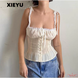 Xieyutopone Nữ Ren Trang Trí Camisoles Không Tay Cà Vạt Ý Pasta Dây Đeo Backless Tank Top Nút Mùa Hè Crop Top