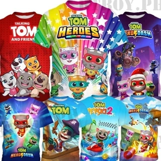 Tương tác Talking Tom thế giới trò chơi Áo thun 3D-kidscartoon mèo vui nhộn tay ngắn