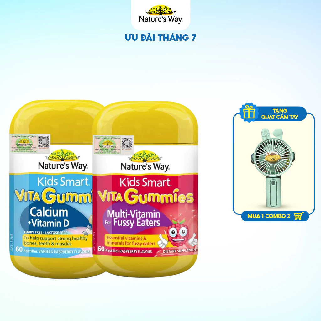 Combo Kẹo Dẻo Vi Chất Cho Bé Nature's Way Kids Smart Vita Gummies Calcium+Vitamin D Và Multi Vitamin Fussy Eaters 60v/h