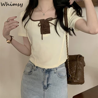 Whimsy Thiết kế cảm giác thích hợp cô gái nóng bỏng thuần khiết ham muốn phong cách mùa hè phong cách mới buộc dây cổ vuông nhỏ áo thun ngắn nữ hàng đầu thông thường