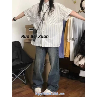 Ruo Bei Xuân Nữ Retro Màu Xanh Sọc Áo Sơ Mi Tay Ngắn Đơn Giản Thiết Kế Niche Rời Top