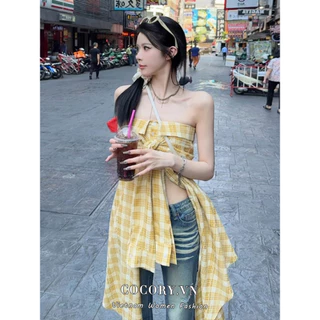 Cocorygirl Thời Trang Tất Cả Trận Đấu Gợi Cảm Ôm Ca Rô Nơ Không Đều Dây Đeo Tank Top Quần Áo Nữ