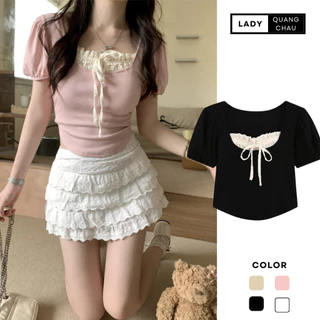 Áo thun nữ coquette dáng ngắn croptop phong cách brandy cộc tay cổ tròn đính nơ chất cotton mềm tiểu thư hàn quốc LADY