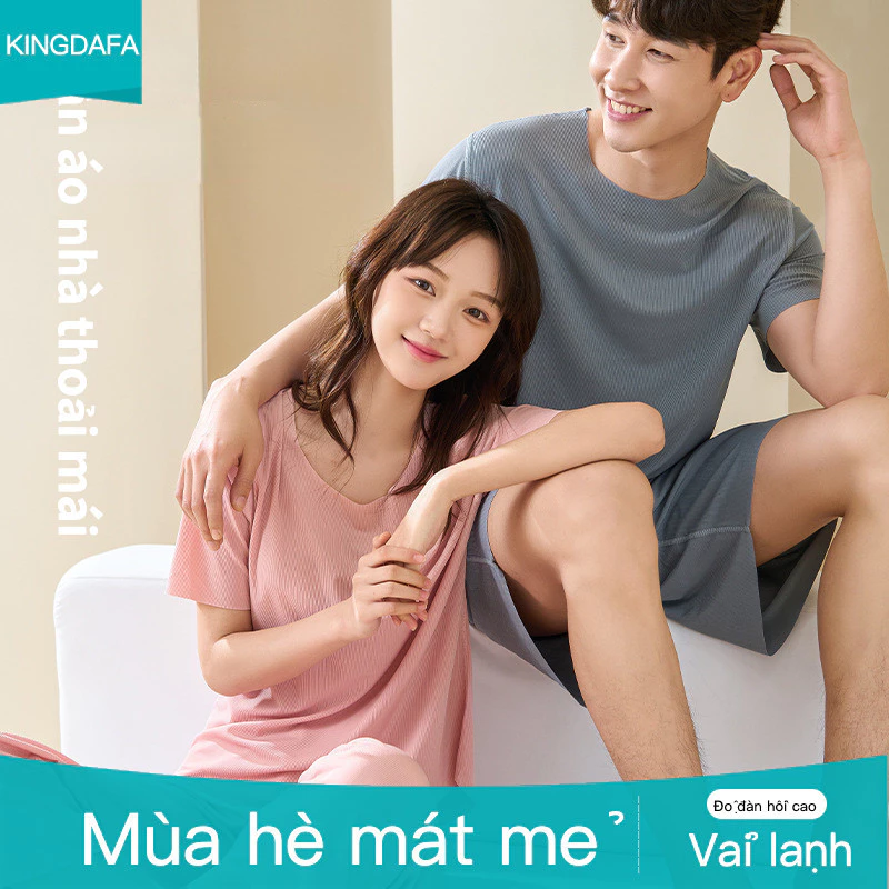 Kingdafa Mùa Hè Vải Lạnh Nam Bộ Đồ Ngủ Độ Đàn Hồi Cao Thoải Mái Cặp Đôi Đồ Ngủ Tay Ngắn Mặc Nhà Bộ