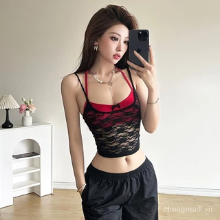 Phiên Bản Hàn Quốc Phong Cách Niche Chia Màu Sắc Tương Phản Ren Khâu Thiết Kế Dây Ngắn Crop Top Cool