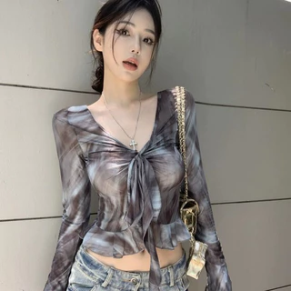 Milyfashion Tự Chế Hot Girl Phong Cách Thắt Nút Cổ Chữ V Cà V-Dye Gạc Áo Thun Nữ Mùa Hè Phong Cách Mới Slim-fit Slimmer