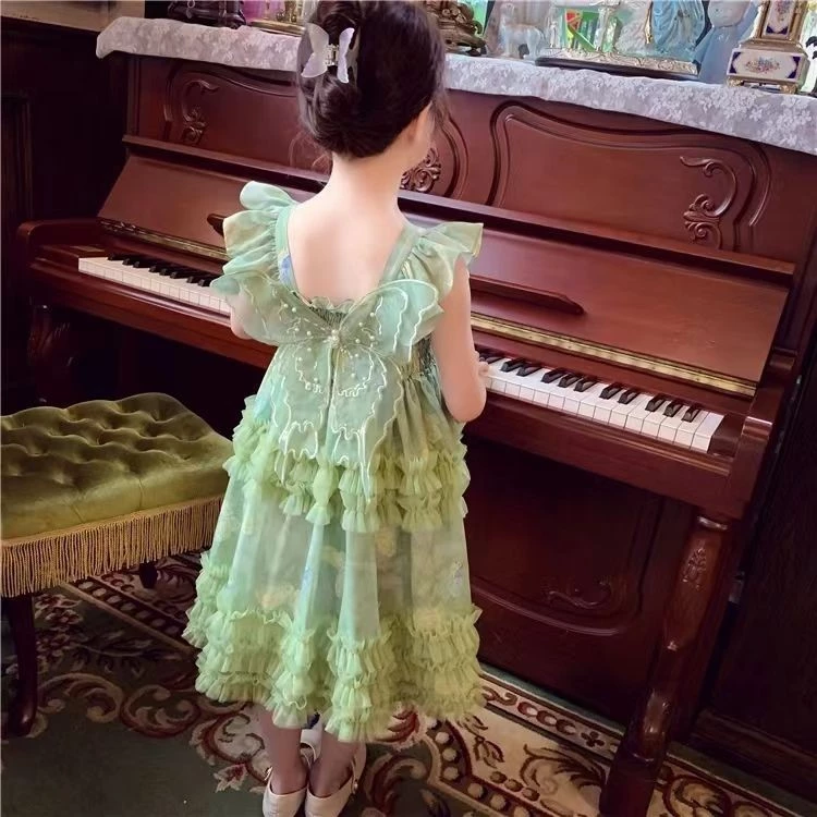 Váy bé gái lưới trẻ em nổi tiếng nơ váy treo cô gái lưới mịn công chúa váy mùa hè 2024