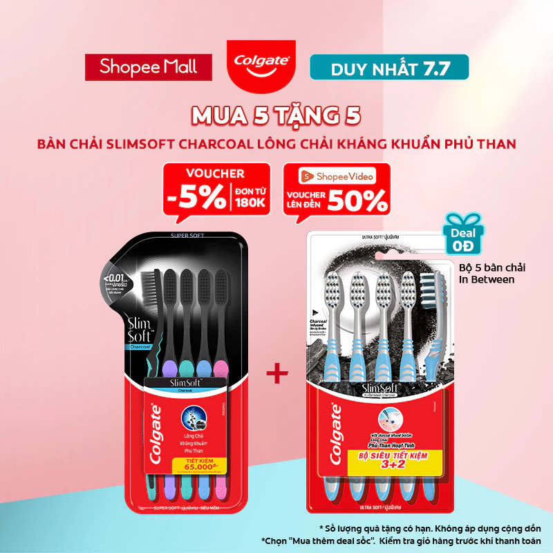 Bộ 5 Bàn chải Colgate SlimSoft Charcoal than hoạt tính kháng khuẩn siêu mềm mảnh