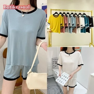 Bộ cotton nữ modal đơn giản rộng rãi mặc phòng khách Bộ đồ ngủ mùa hè 2024 cổ tròn Áo thun ngắn tay + quần Short Bộ đồ ngủ