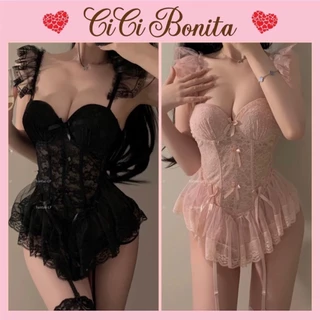 Đồ lót gợi cảm ren xuyên thấu đính nơ kèm đai kẹp tất 2 màu siêu yêu CB58 CICI BONITA HCM