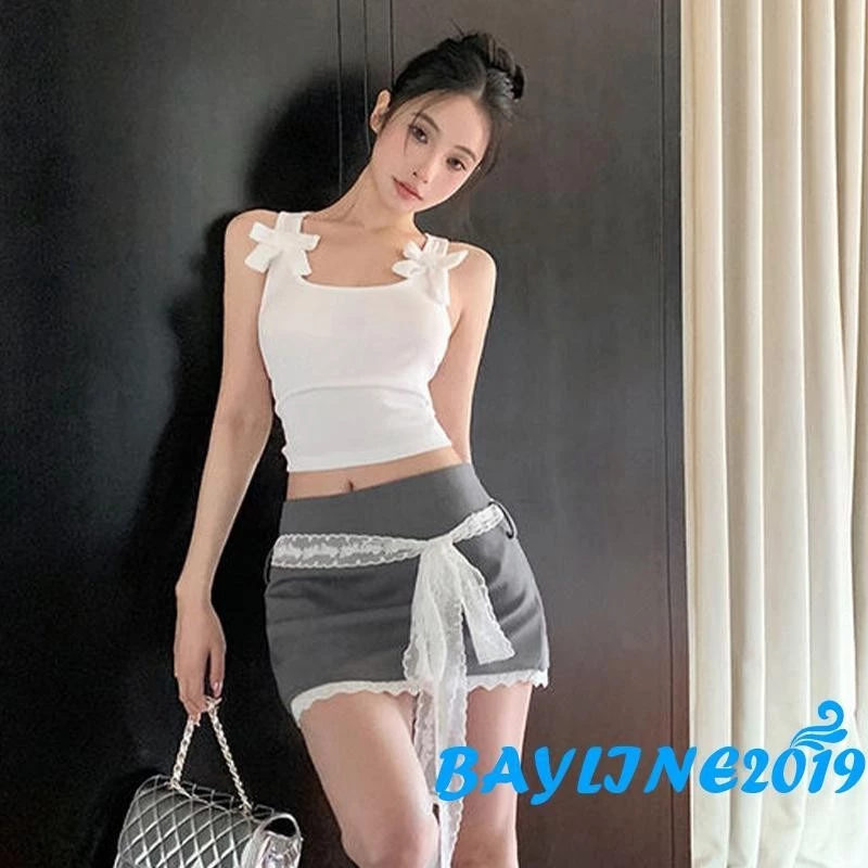 Bay-nữ Sweet Slim Cami Áo Màu Trơn Cổ Chữ U Áo Thể Hiện Rốn Crop Camisole