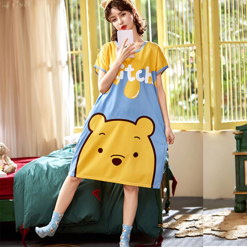 Váy ngủ cộc tay đầm ngủ dáng suông chất cotton mềm mát họa tiết hoạt hình dễ thương，Đầm ngủ váy nữ chất thun sữa mỏng