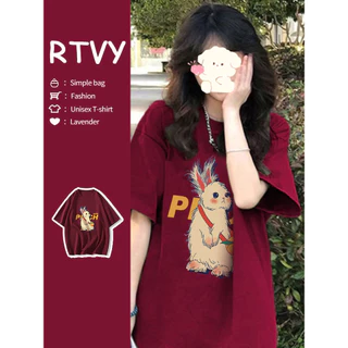 「RTVY」Áo thun nữ tay ngắn Cotton nguyên chất mùa hè in hình thỏ cỡ lớn dáng rộng thường ngày