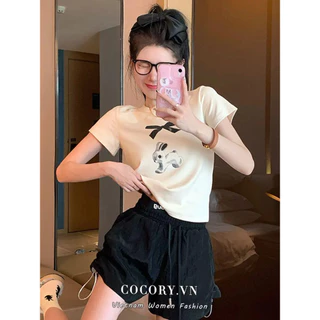 Cocorygirl Thời Trang Gợi Cảm Cổ Tròn Mỏng "Thỏ" Nơ In Hình Áo Thun Nữ Quần Áo Phù Hợp Với Hàng Đầu