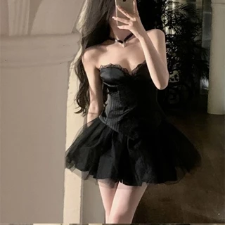 Mới 2024 Vintage Cô gái Sexy Lace Top Phụ nữ Mùa hè Sling Dress Đen Hai mảnh Set