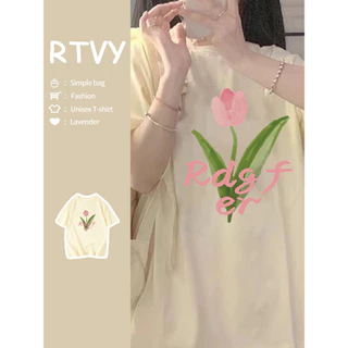 「RTVY」Áo thun Cotton ngắn tay nguyên chất mùa hè Oversize in hoa Tulip dáng rộng thường ngày dành cho nữ