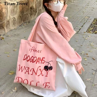 Titan Trove Túi đeo vai nữ Titan Trove màu hồng mùa hè in chữ Túi xách vải dung tích lớn