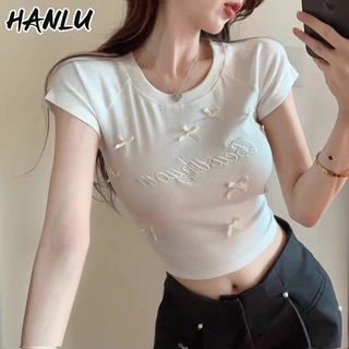 Hanlu Áo thun nữ mới nơ thêu tay ngắn vai phải Hot Girl Crop Top