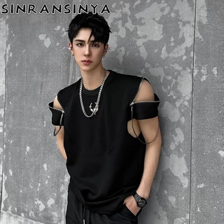 Sinransinya Áo thun nam mới, American Retro Street Luxury, Thiết kế bảng dây kéo Cotton nguyên chất, Áo nửa tay thời trang dành cho cặp đôi thanh niên dáng rộng và nặng nề