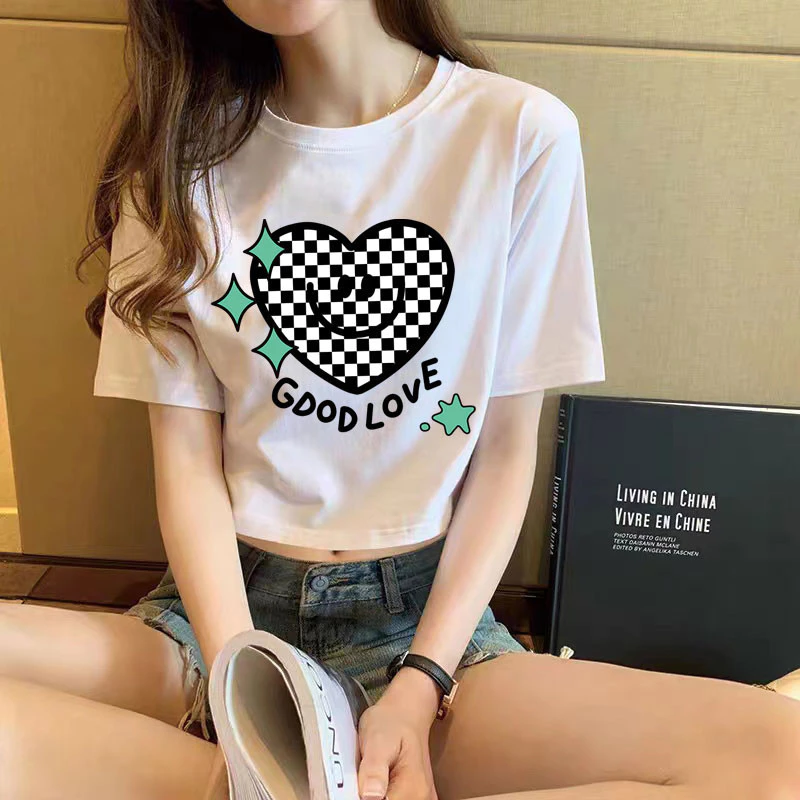 [Áo thun nửa thân] Áo thun nữ 100% Cotton khỏa thân ngắn rốn gợi cảm Áo đồ họa độc đáo baju Perempuan Áo thun ngắn dáng rộng mùa hè Murah