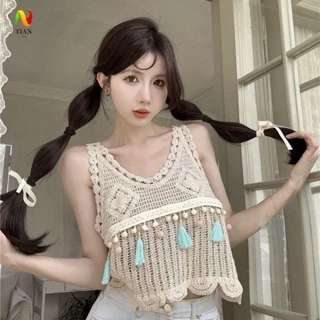 Áo Vest Nữ TIAN, Áo Cotton Tua Rua, Retro Màu Trơn Bohemian Rỗng Dệt Kim Áo Mùa Hè