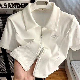 Tay Ngắn ins Slim-fit Áo Thun Cổ Ngắn Thêu polo Dây Kéo Chính Hãng Phong Cách Mỹ Influencer Top Desire Phong Cách Nguyên Chất Nóng Cô Gái Nữ Shout