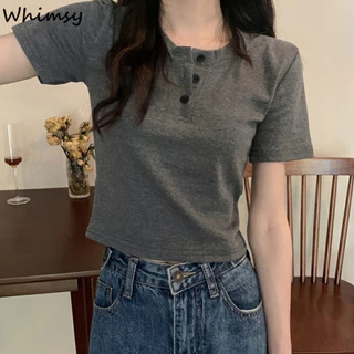 Whimsy Mùa Hè Phong Cách Mới Nhỏ Nút Xuống Áo Thun Ngắn Eo Cao Mỏng Ngọt Ngào Thoáng Mát top