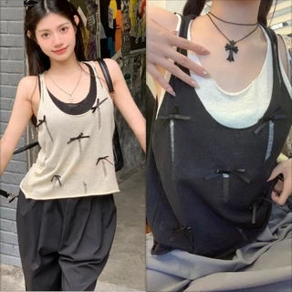 Giả Hai Pic Tank Top Nữ Mùa Hè Tương Phản Nơ Lỗ Torn Dệt Kim Top