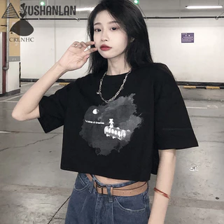 Áo thun croptop ngắn tay YUSHANLANCRNHC cổ tròn và in họa tiết rộng cho quần áo nữ thời trang mùa hè