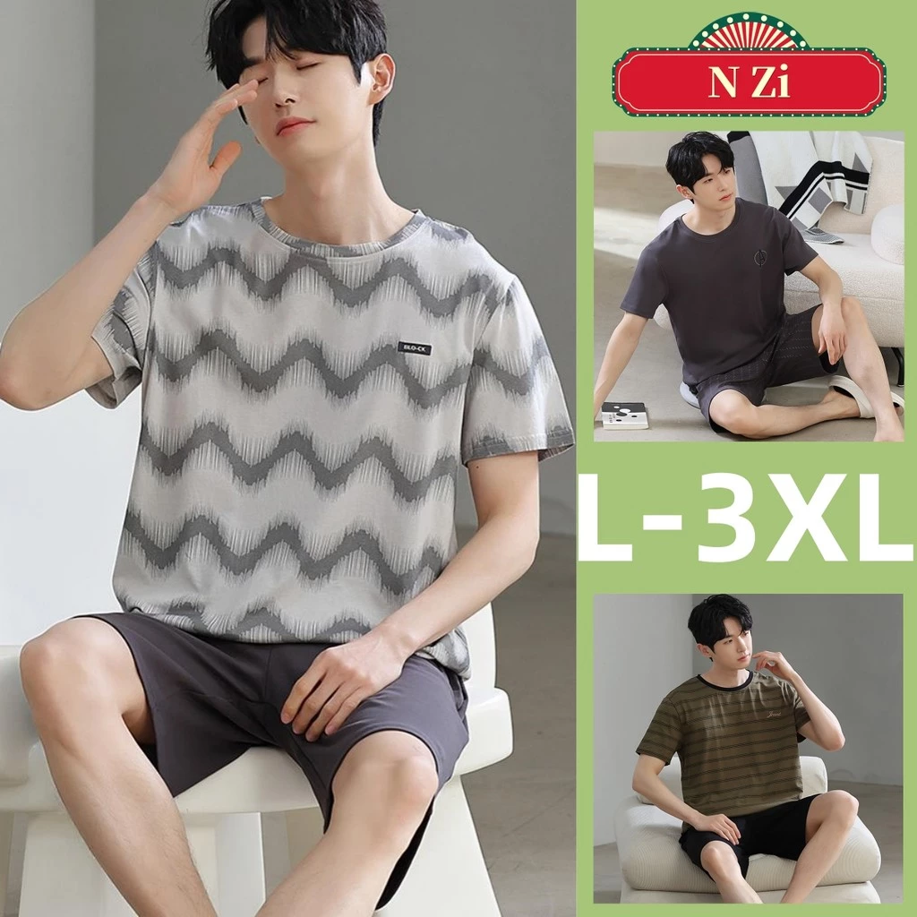 Bộ Đồ Ngủ Nam Cotton Bộ Đồ Ngủ Mùa Hè Plus Kích Thước Tay Ngắn Đồ Ngủ Người Đàn Ông Phong Cách Tối Giản Sọc Loungewear