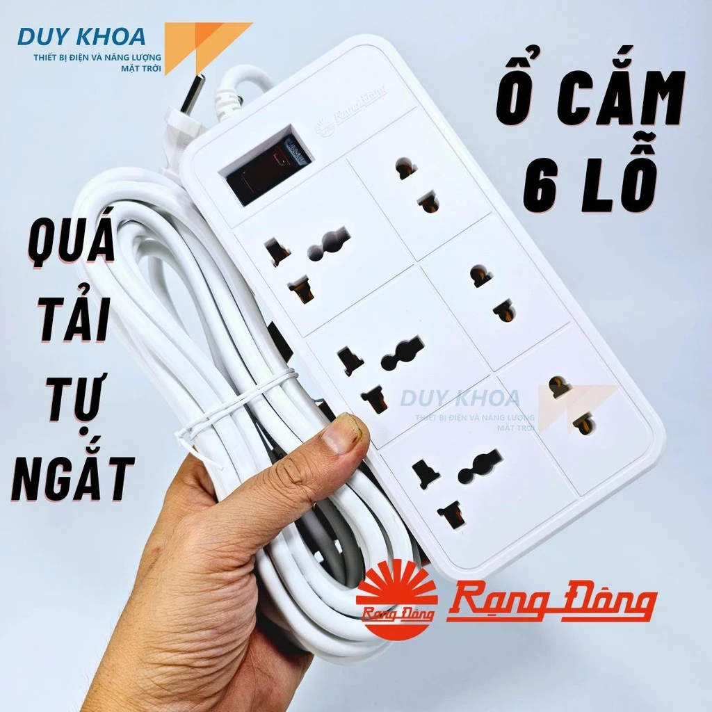 Ổ cắm điện 6 lỗ Rạng Đông Công tắc kết hợp Rờ le chống quá tải 2500W Vỏ ABSchống cháy OC06V2