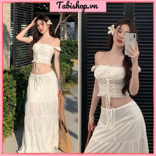 Set đồ đi biển màu trắng TABISHOP Set áo croptop trễ vai phối chân váy dài sang chảnh hottrend mặc hè