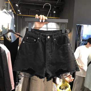 Quần short denim rách màu đen dành cho nữ mùa hè kiểu mới cạp cao giảm béo quần ống rộng phong cách Hàn Quốc