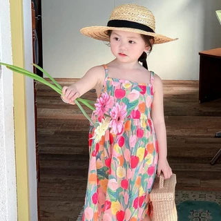 Bé Gái Mùa Hè Suspender Lông Tơ Đầm In Hoa Idyllic Phong Cách Dễ Thương Bé Gái Ngọt Ngào Công Chúa Phong Cách Hàn Quốc Đầm Dự Tiệc