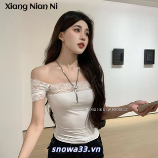 Xiang Nian Ni Nữ Ren Khâu Vai Áo Thun Đơn Giản Phù Hợp Với Tất Cả Trận Đấu Pure Desire Giảm Béo Eo Kiểm Soát Hàng Đầu