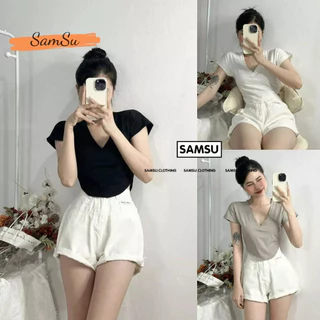 Áo thun nữ tay hến vạt bầu, áo croptop tay ngắn chất cotton 2 chiều mềm mịn mát - ENVI