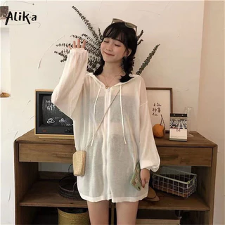 Áo khoác nữ Alika chống nắng dài tay màu trơn phong cách Hàn Quốc thuần khiết và đa năng có dây kéo cardigan có mũ trùm đầu mỏng dáng rộng thường ngày