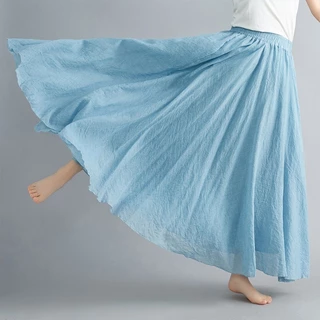 [25 Màu] Váy maxi thời trang nữ vải lanh cotton màu trơn thun Hàn Quốc lưng cao chữ A màu xanh mỏng váy xích đu lớn váy xếp ly dài dành cho nữ