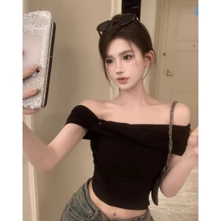 Áo thun ngắn tay lệch vai dành cho nữ Mùa hè 2024 Mới xoắn lệch vai BM Phong cách Hot Girl Gợi cảm Áo ngắn