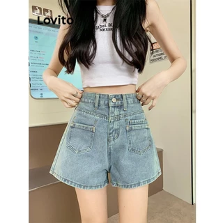 Lovito Quần short denim có nút trơn thông thường dành cho nữ LNE66043