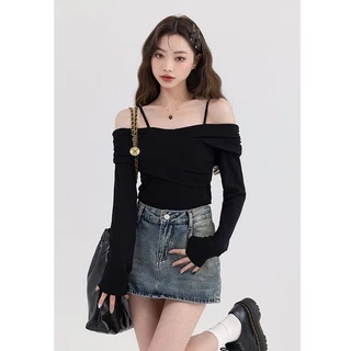 Short2023TT-shirt off-Shoulder Top Versatile Women's Slimming Casual Style Commuter New Women's Slim Fit Spring Sweet 7OBZ