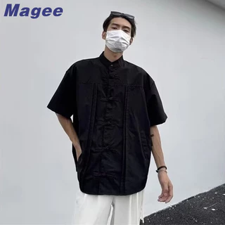 Magee Mới Áo Sơ Mi Nam Phiên Bản Hàn Quốc Retro Thường Ngày Sang Trọng Màu Trơn Mới Thiết Kế Nút Trung Quốc Trọng Lượng Nặng Rời Cặp Đôi Thiếu Niên Thời Trang Đứng Lên Cổ Nửa Tay Áo