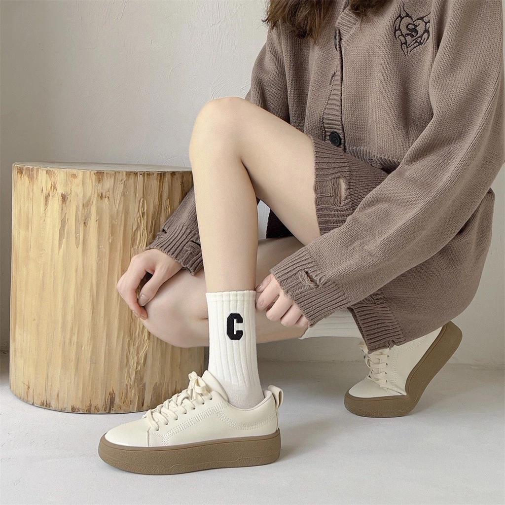 Tất Cổ Cao Vớ Cổ Cao Nữ Họa Tiết Chữ P/Chữ C Nhiều Màu Dễ Thương Vải Cotton Mềm Mịn Co Giãn
