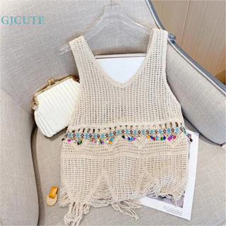 Gjcute Mùa Hè Nữ Retro Rỗng Thêu Cổ Chữ V Không Tay Rời sel Dệt Kim Camisole WTD