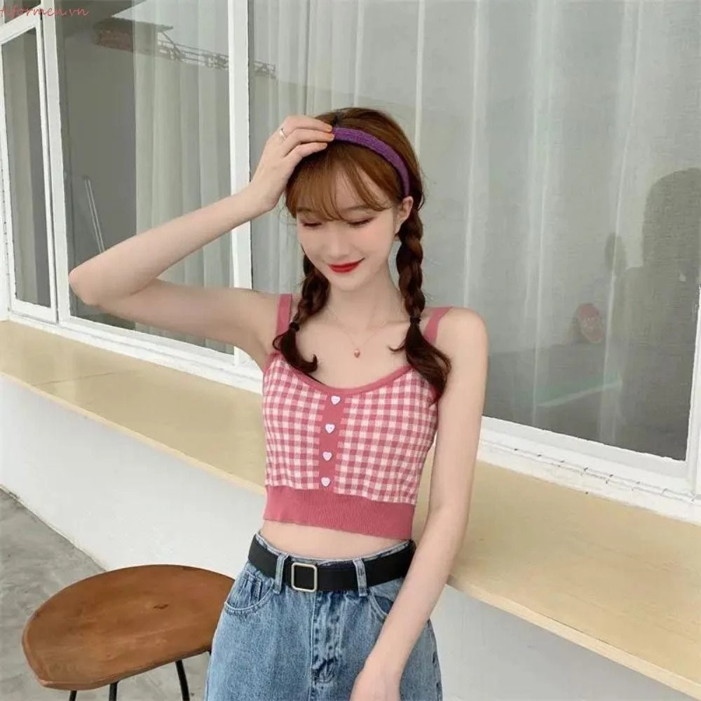 Áo ba lỗ dệt kim TIFORMEN, Áo Crop top kẻ sọc có nút sọc, Retro Hàn Quốc sang trọng Slim fit cổ Áo hai dây nữ