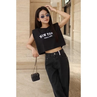 Áo croptop sát nách độn vai logo SINCE 1993 TOP BASIC