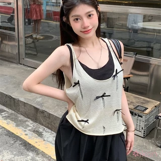 Mùa hè nơ lỗ rỗng giả hai mảnh nữ Vestcasual ngọt ngào đa năng dệt kim không tay Tank top