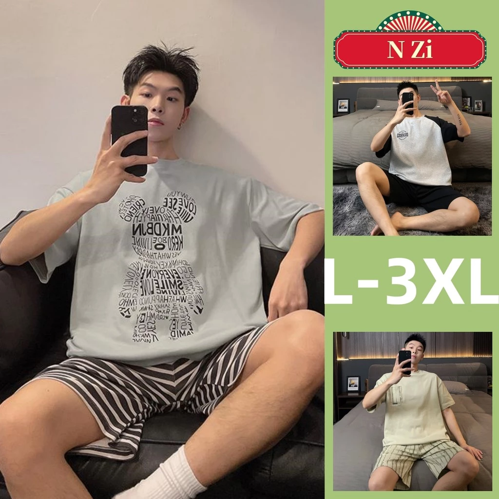 Bộ Đồ Ngủ Nam Cotton Plus Kích Thước Bộ Đồ Ngủ Mùa Hè Tay Ngắn Đồ Ngủ Người Lưới Sọc Phong Cách Tối Giản Loungewear